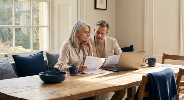 A senior couple carefully reviewing retirement documents together in a bright, modern home office.
