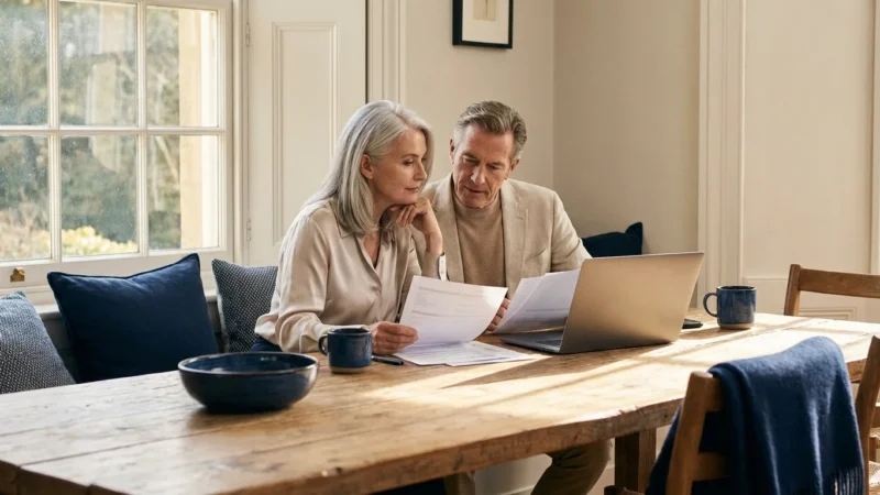A senior couple carefully reviewing retirement documents together in a bright, modern home office.