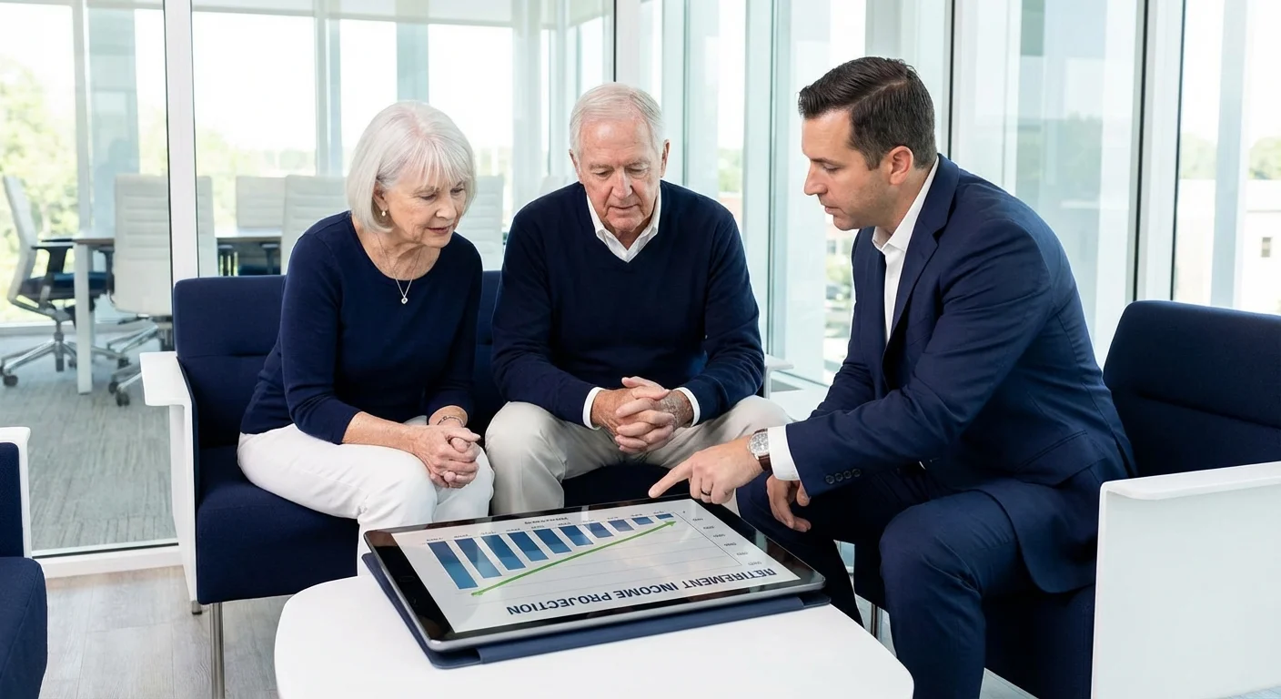 A senior couple discussing financial strategies with a professional advisor.