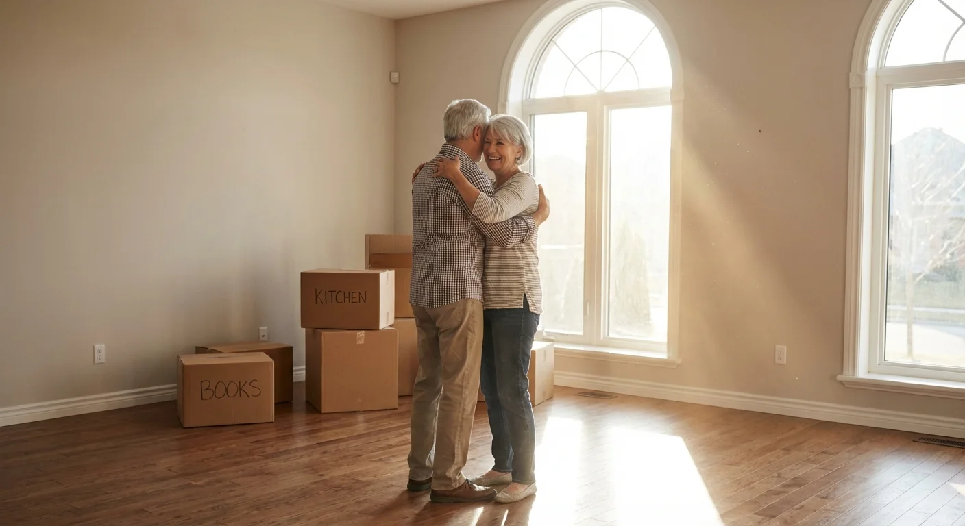 A senior couple embracing in their new, bright living room.