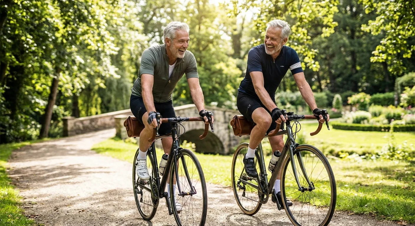 A senior couple enjoying a bike ride in a lush green park.