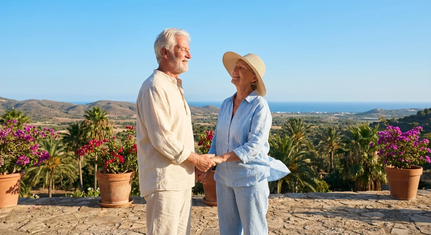A senior couple enjoying a sunny afternoon on a patio in a warm climate.