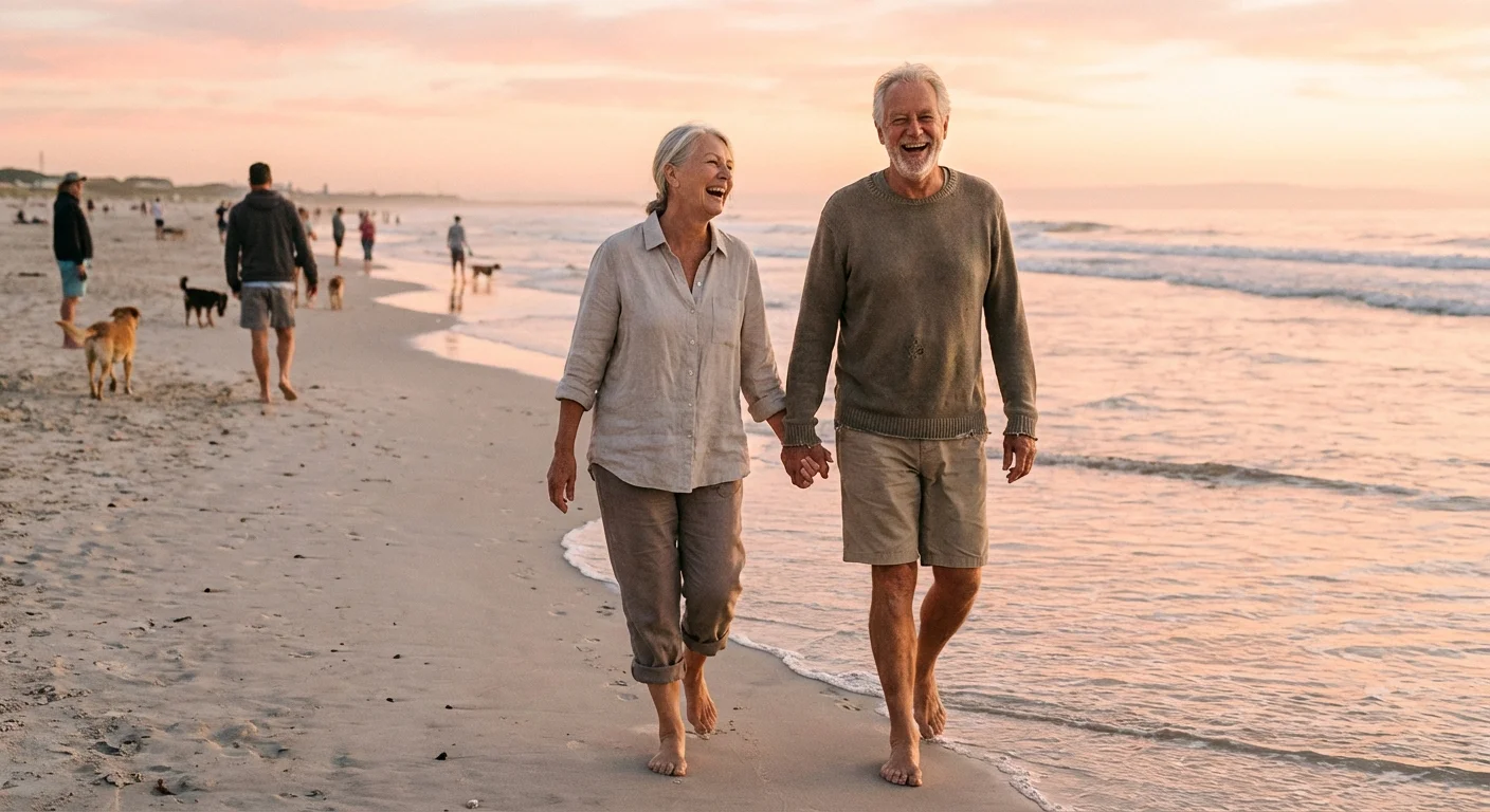 A senior couple enjoying a sunset walk on a quiet beach.