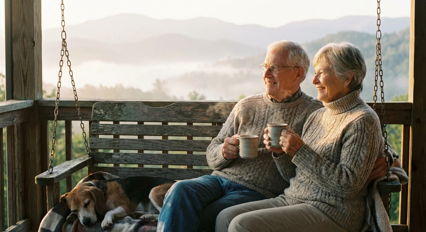 A senior couple enjoying coffee on a porch with mountain views.