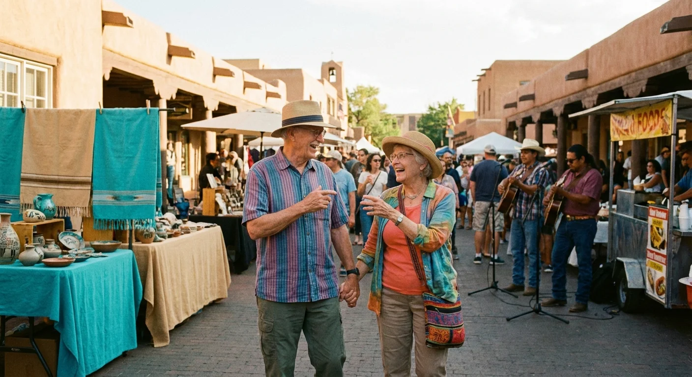 A senior couple enjoys an outdoor market in a sunny Southwest city with adobe buildings.