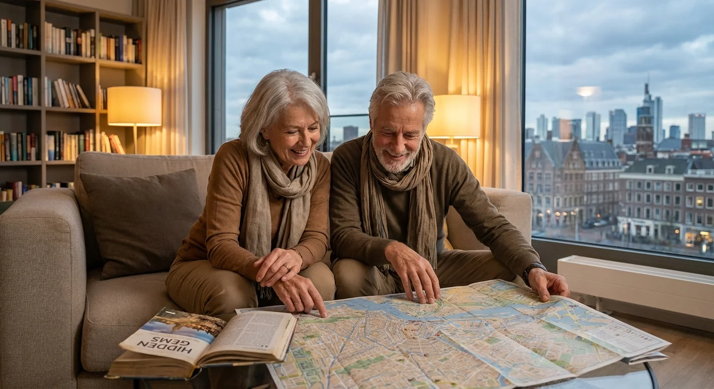 A senior couple exploring a new city using a map and guidebook.