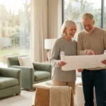 A senior couple happily reviewing floor plans in a bright, modern living room.