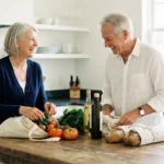 A senior couple happily unpacking groceries in a bright, modern kitchen.