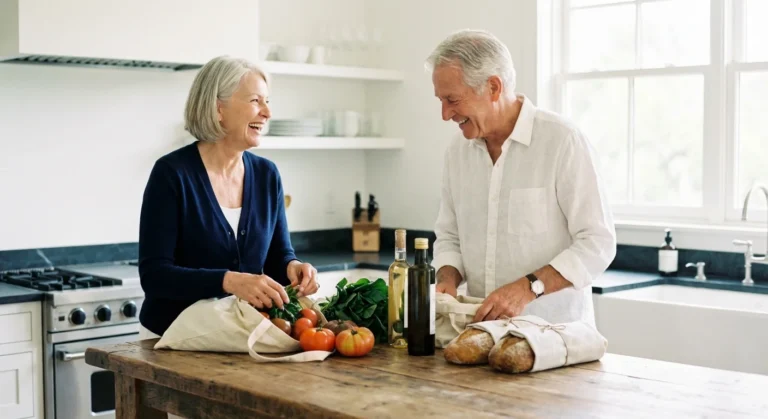 A senior couple happily unpacking groceries in a bright, modern kitchen.