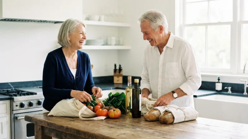 A senior couple happily unpacking groceries in a bright, modern kitchen.