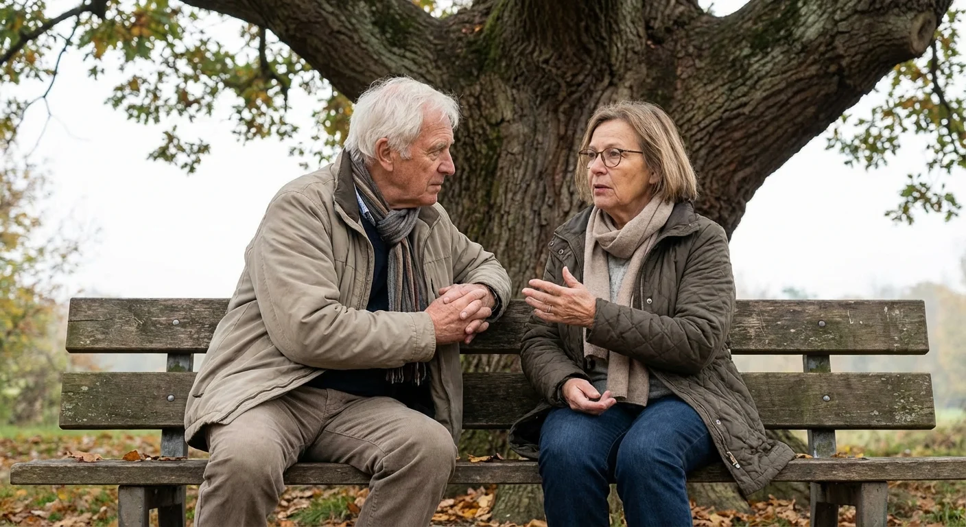 A senior couple has a serious conversation on a park bench.