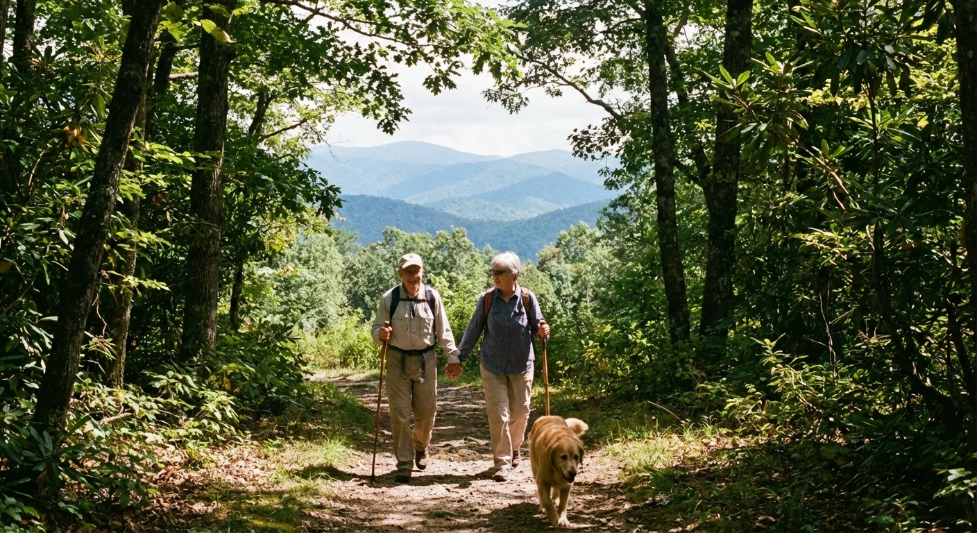 A senior couple hikes a sun-dappled trail in the North Carolina mountains.