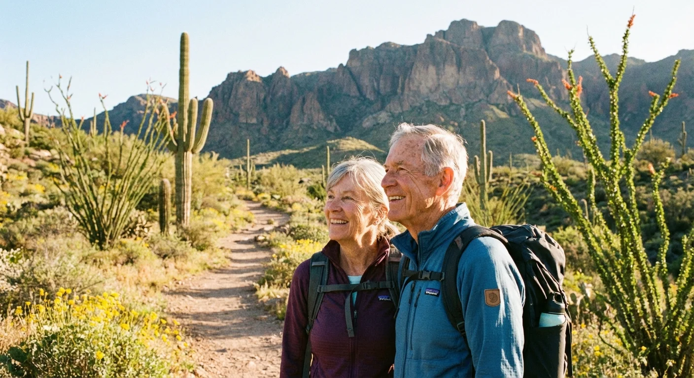 A senior couple hiking a desert trail with mountains in the background.