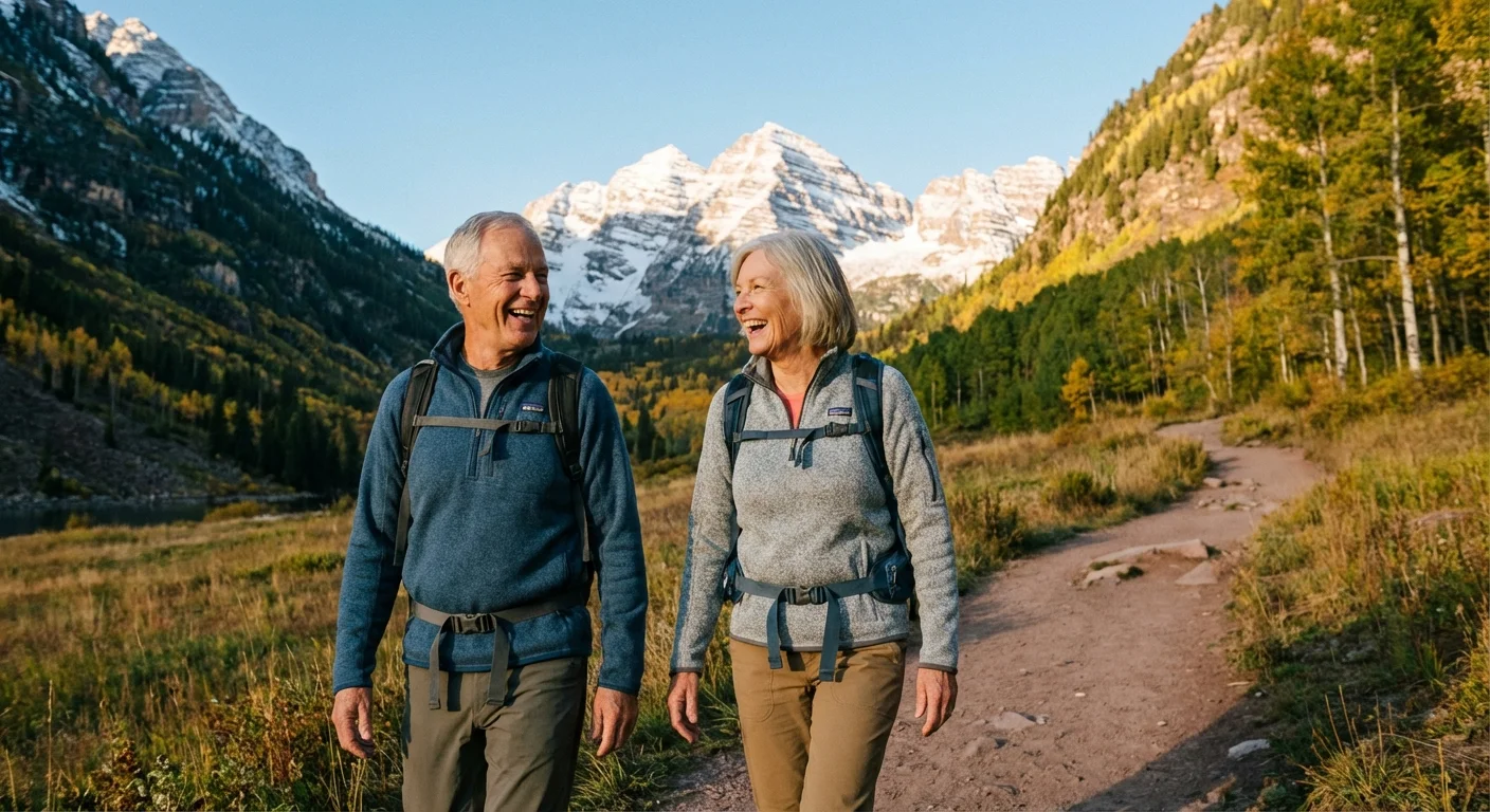 A senior couple hiking on a mountain trail with a scenic backdrop.
