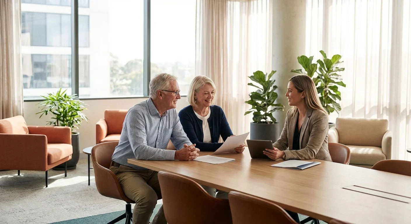 A senior couple in a meeting with a financial professional in a bright office.