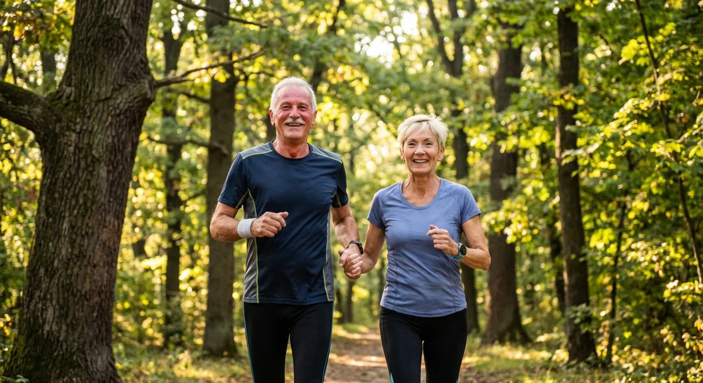 A senior couple jogging in a park, representing health and wellness in retirement.