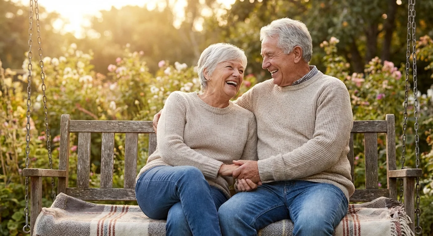 A senior couple laughing on a porch swing, representing the partnership of spousal benefits.