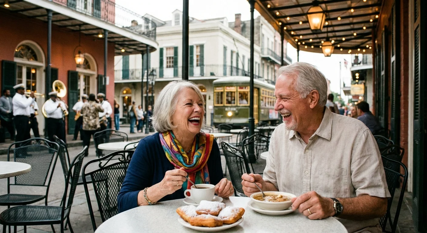 A senior couple laughing over coffee at an outdoor cafe.