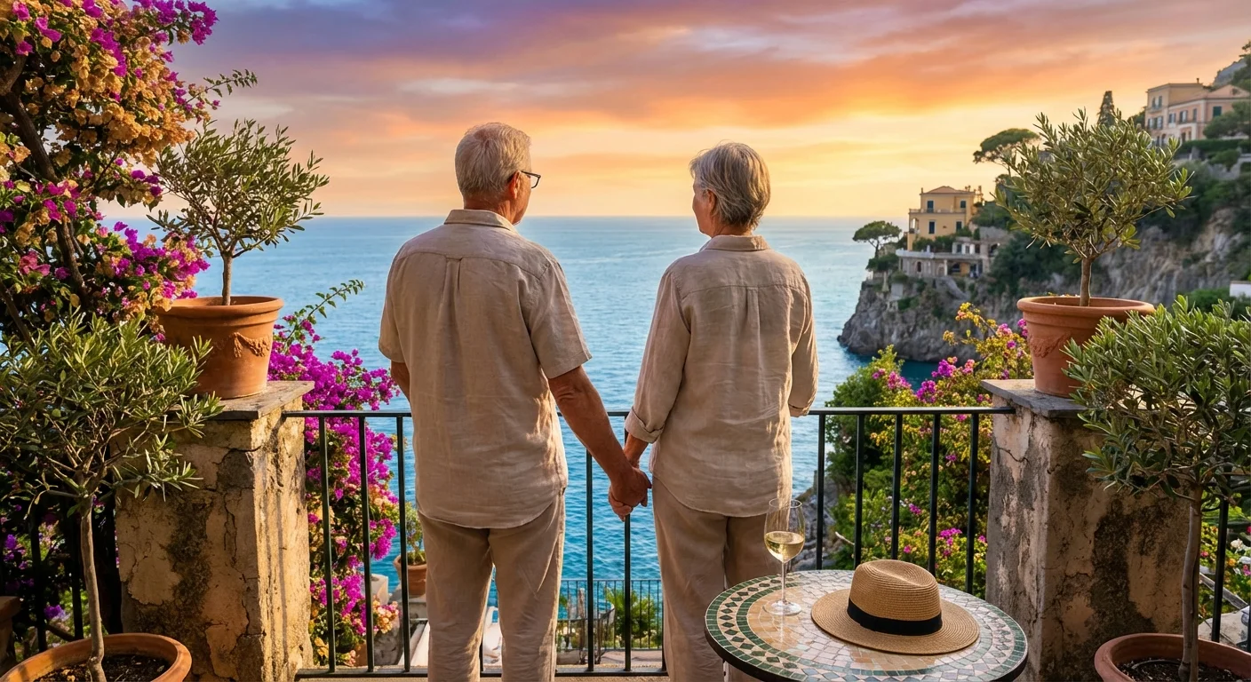 A senior couple looking at a beautiful ocean view from a balcony abroad.