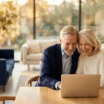A senior couple looking at a laptop in a bright, modern living room, representing financial security and vigilance.