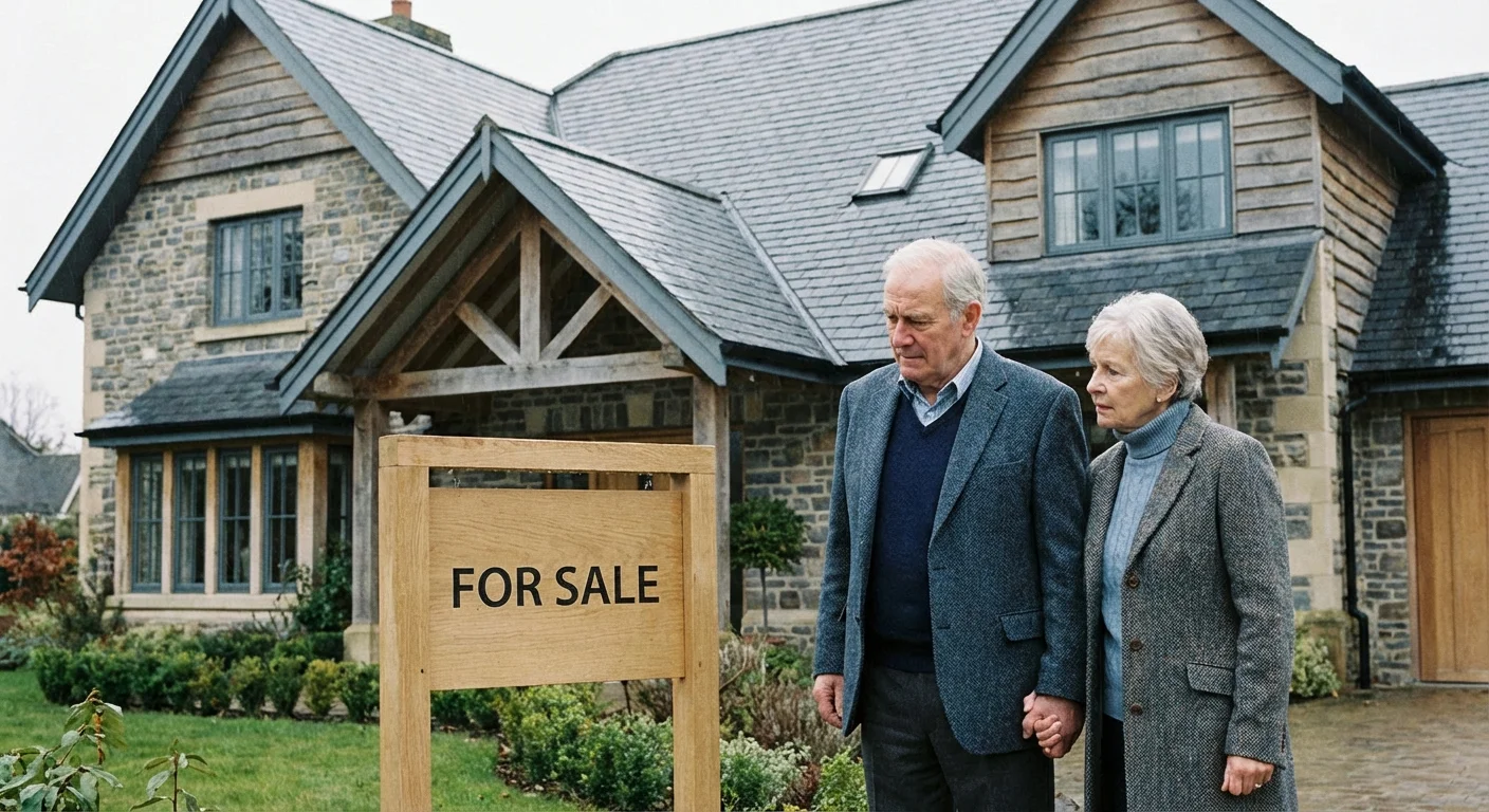A senior couple looking at a real estate sign with uncertainty.