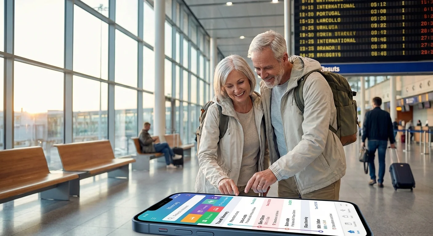 A senior couple looking at a smartphone while waiting in a bright, modern transit hub.