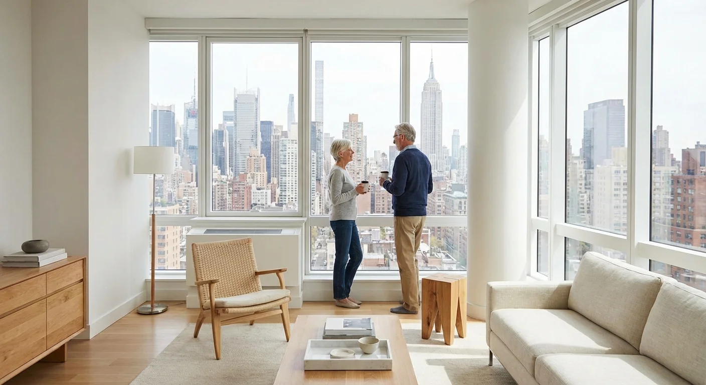 A senior couple looking out a large window at a city skyline.
