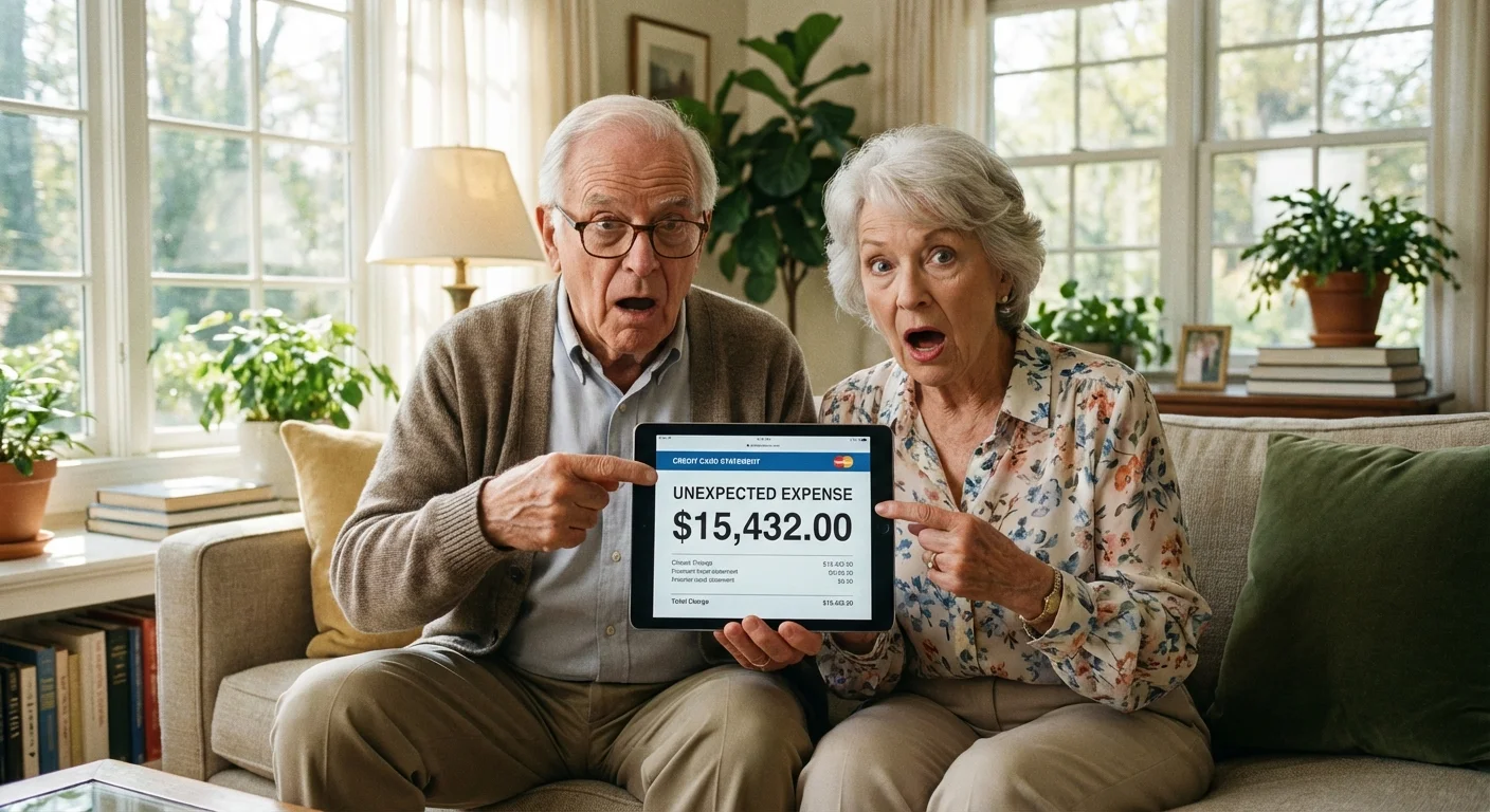 A senior couple looking surprised while reviewing a digital statement.