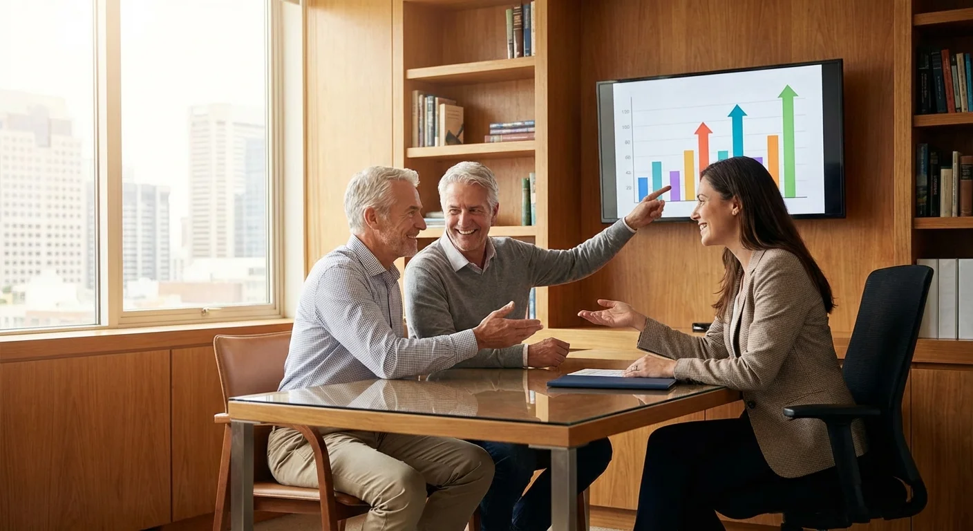 A senior couple meeting with a financial advisor in a modern office.
