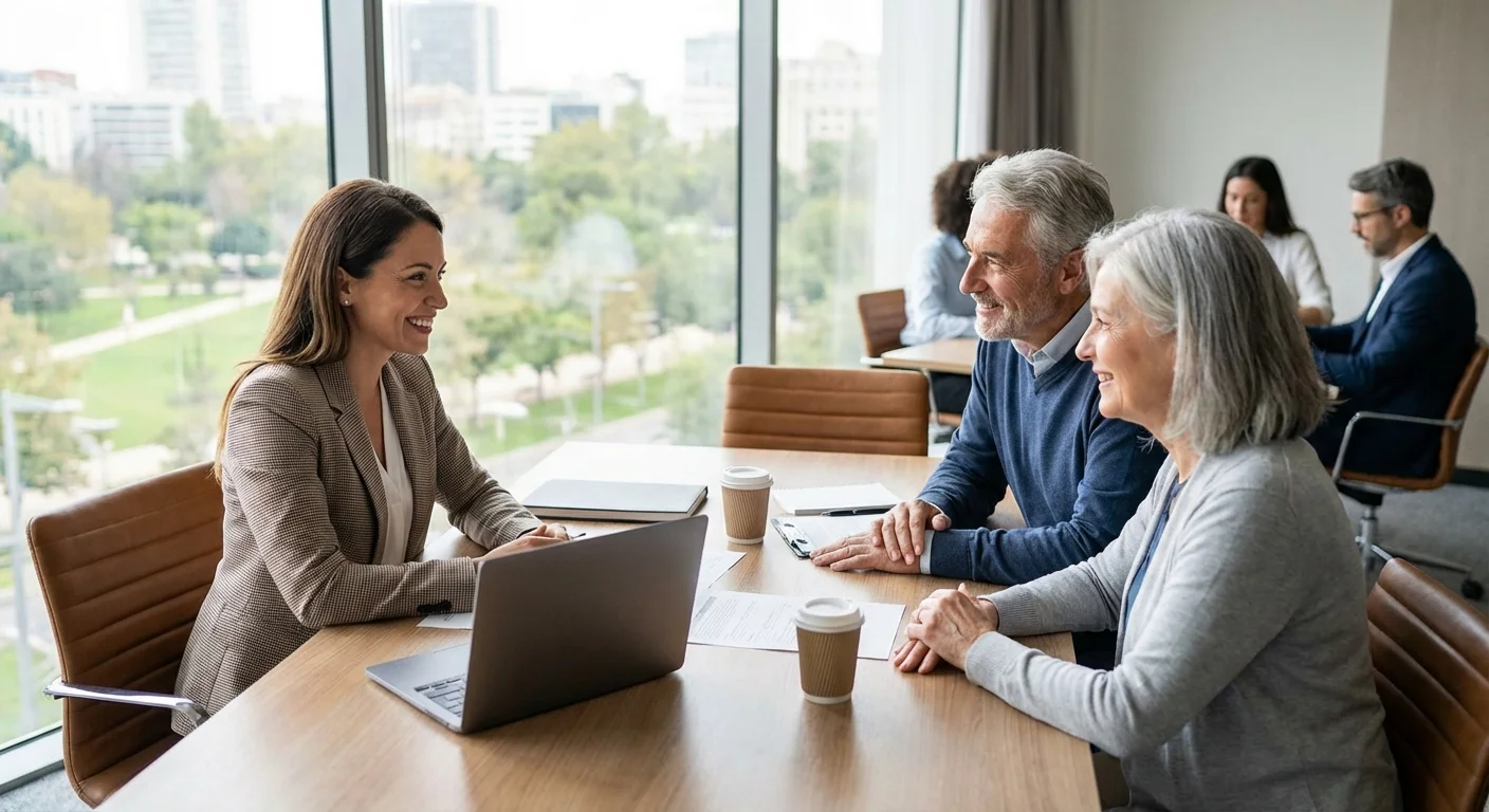 A senior couple meeting with a professional advisor in a bright, modern office.