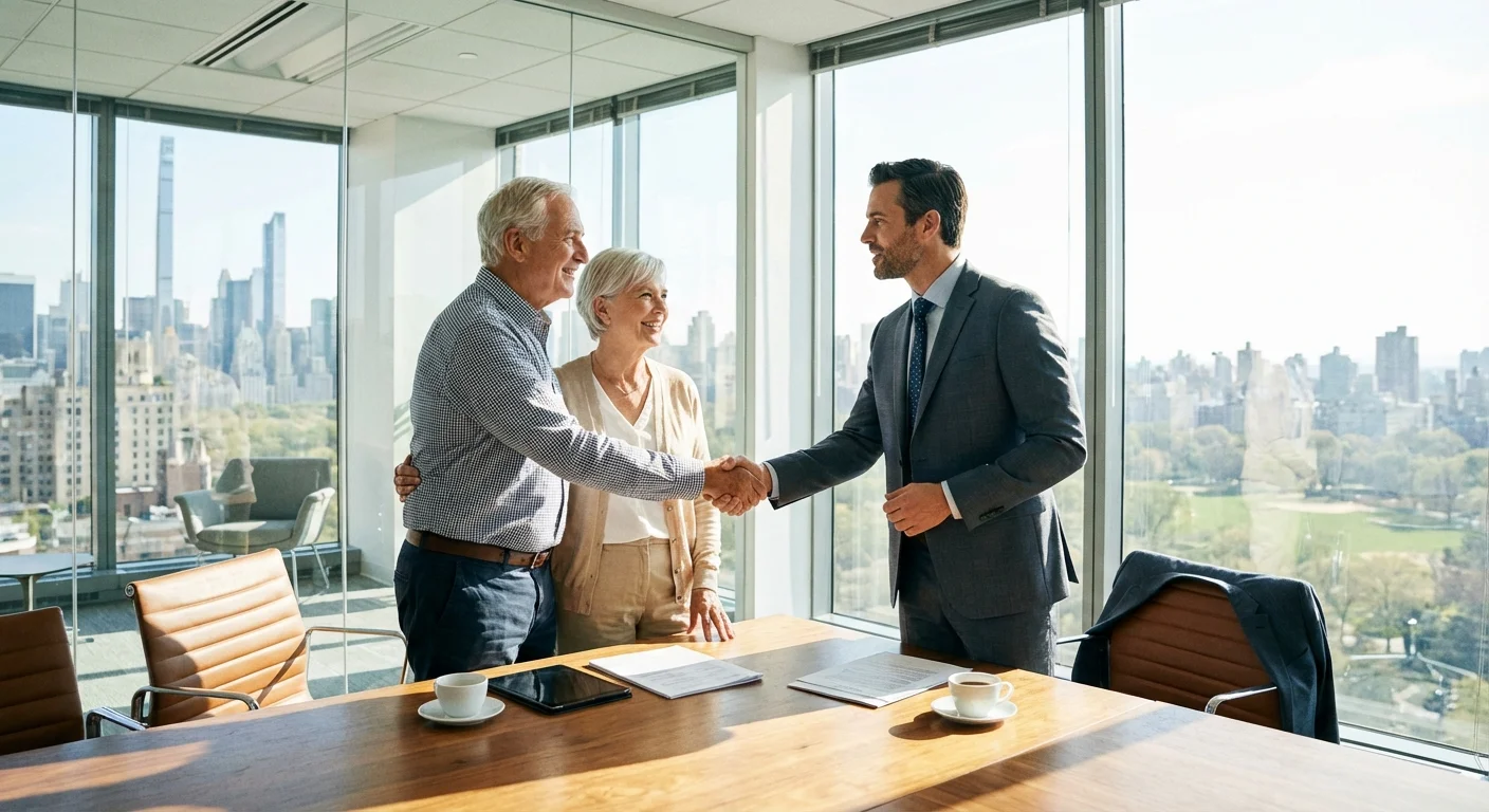 A senior couple meeting with a professional advisor in a bright office.