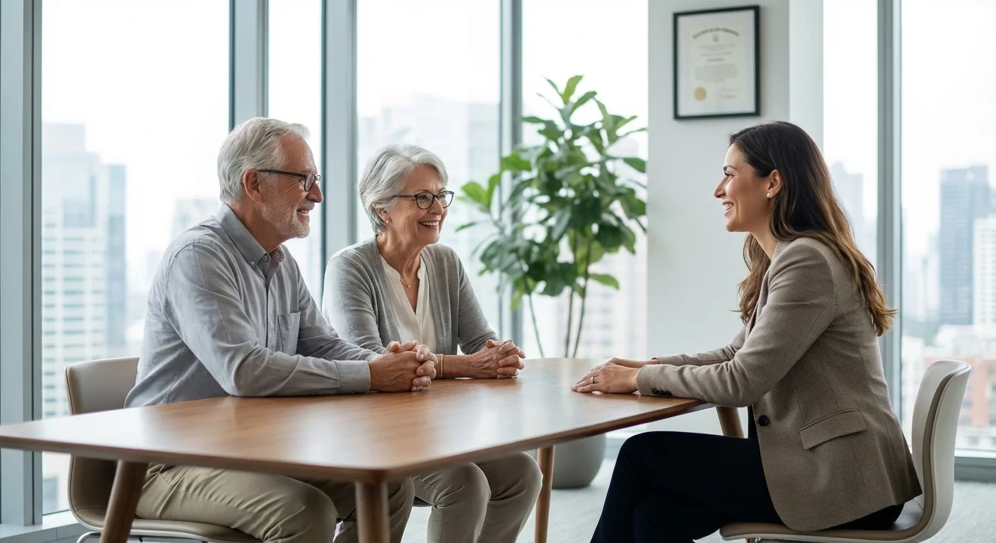 A senior couple meeting with a professional advisor in a bright office.