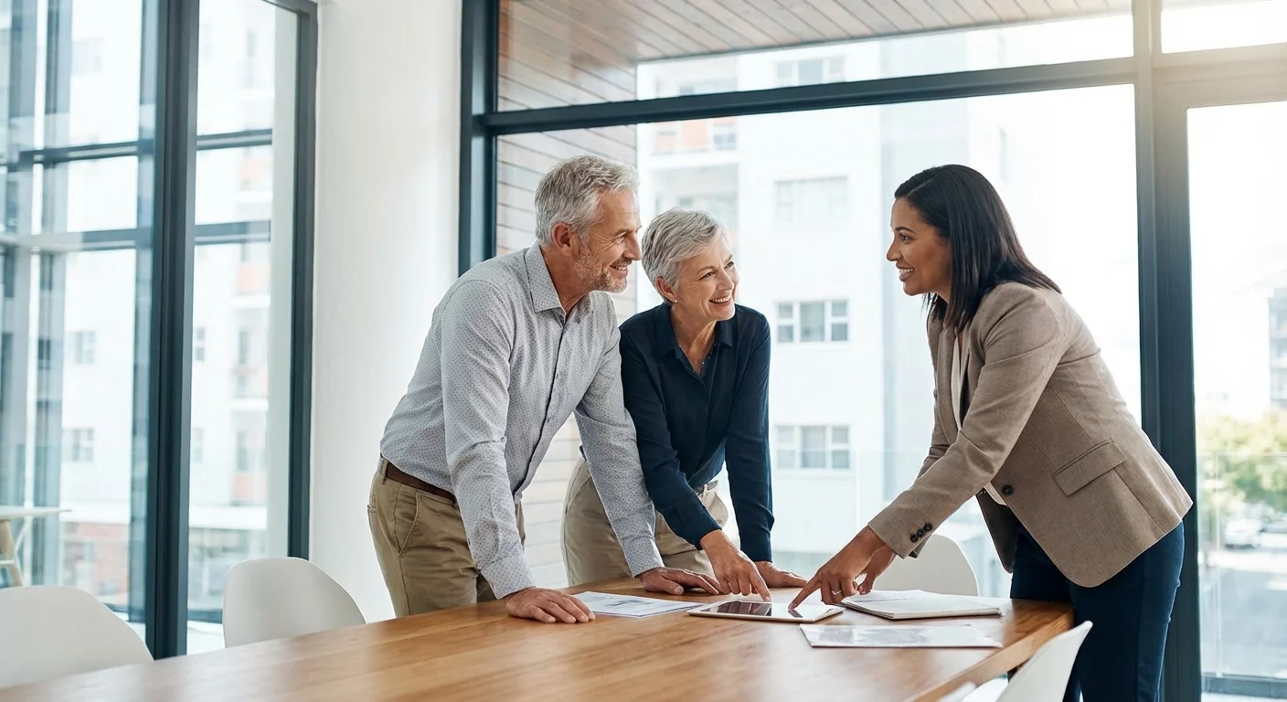 A senior couple meeting with a professional in a bright office.