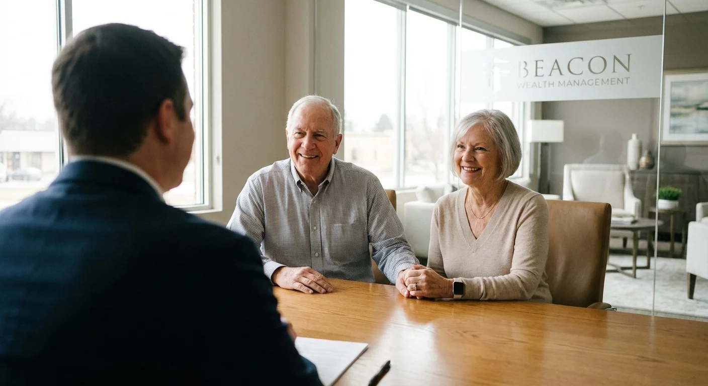 A senior couple meets with a professional advisor in a bright, airy office.