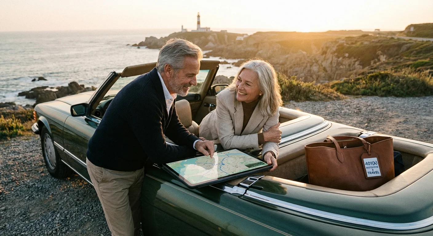 A senior couple planning a road trip in a luxury vehicle at sunset.