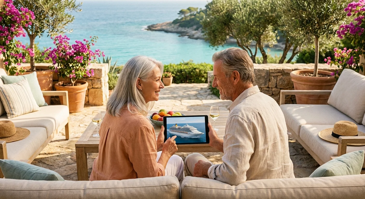 A senior couple planning a vacation on a tablet while sitting outdoors.
