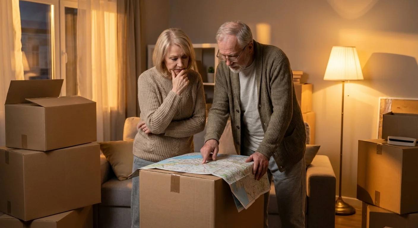 A senior couple planning their move amidst cardboard boxes.