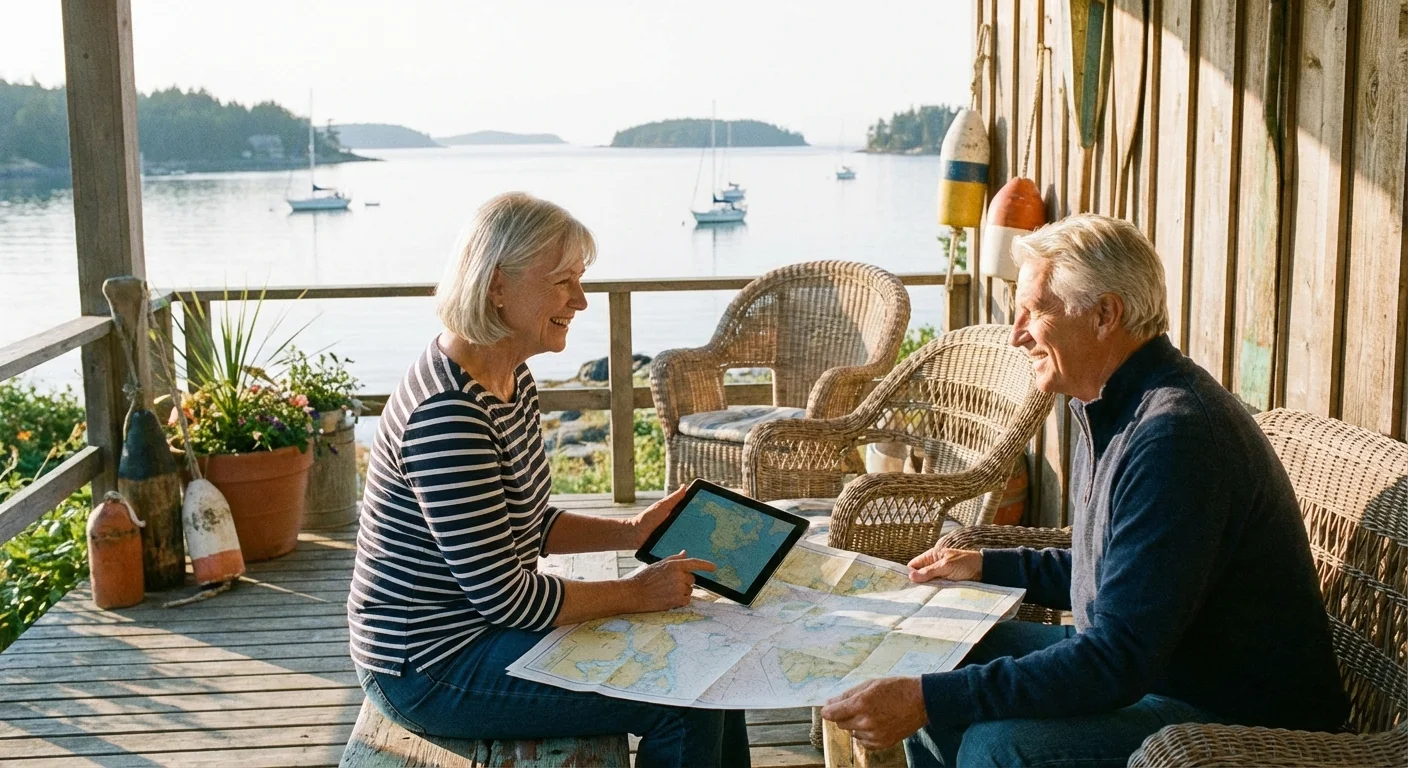 A senior couple plans their move on a sunny porch with water views.