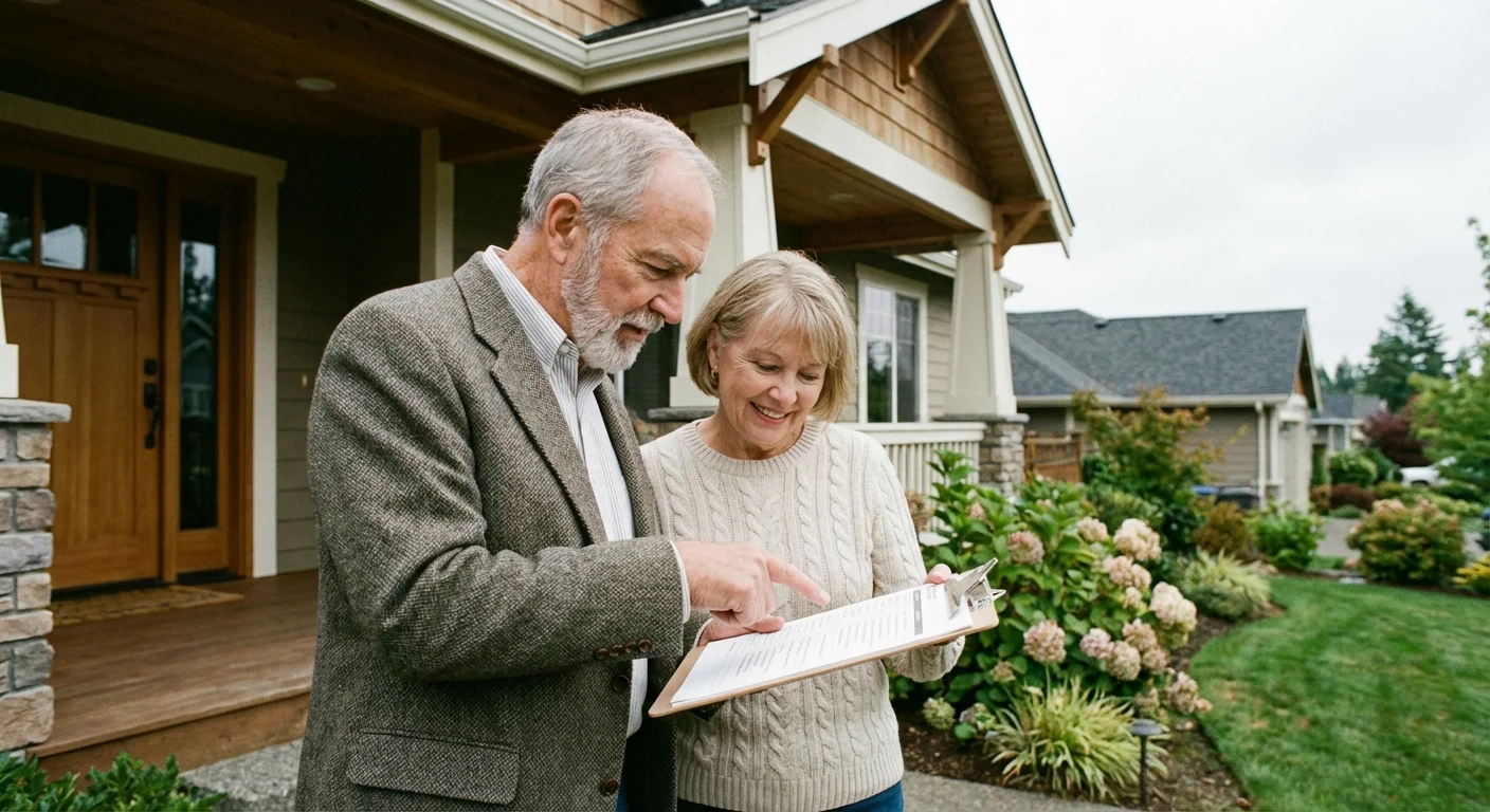 A senior couple reviewing a checklist while standing outside a suburban house.