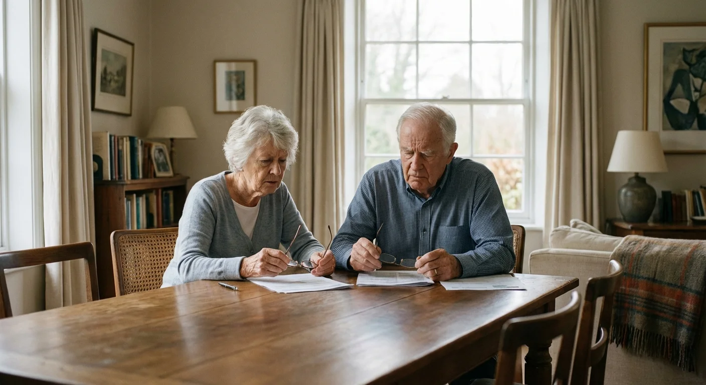 A senior couple reviewing financial papers together at a kitchen table.