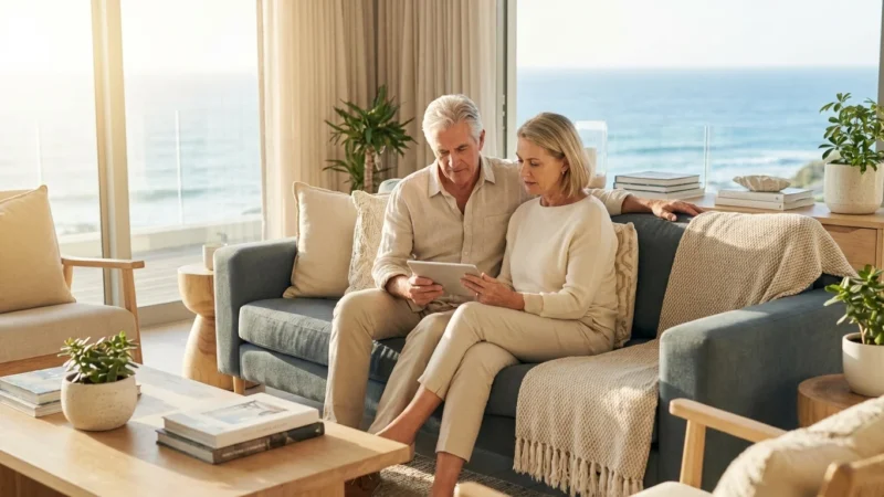 A senior couple reviews financial data on a tablet in a bright, modern living room.
