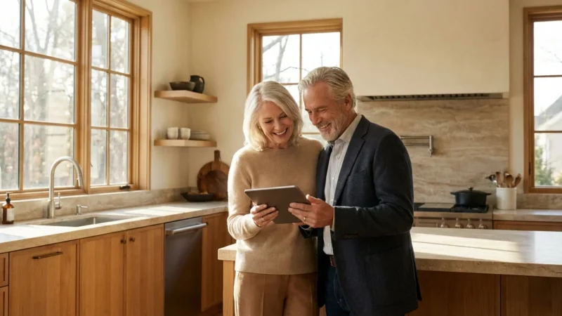 A senior couple reviews financial plans on a tablet in a bright, modern kitchen.