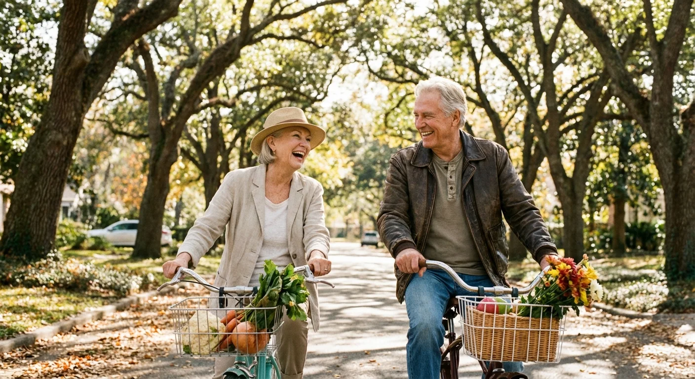 A senior couple riding bikes through a sunny neighborhood.