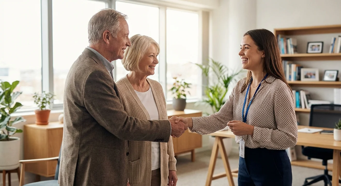 A senior couple shaking hands with a charity representative in a bright office environment.