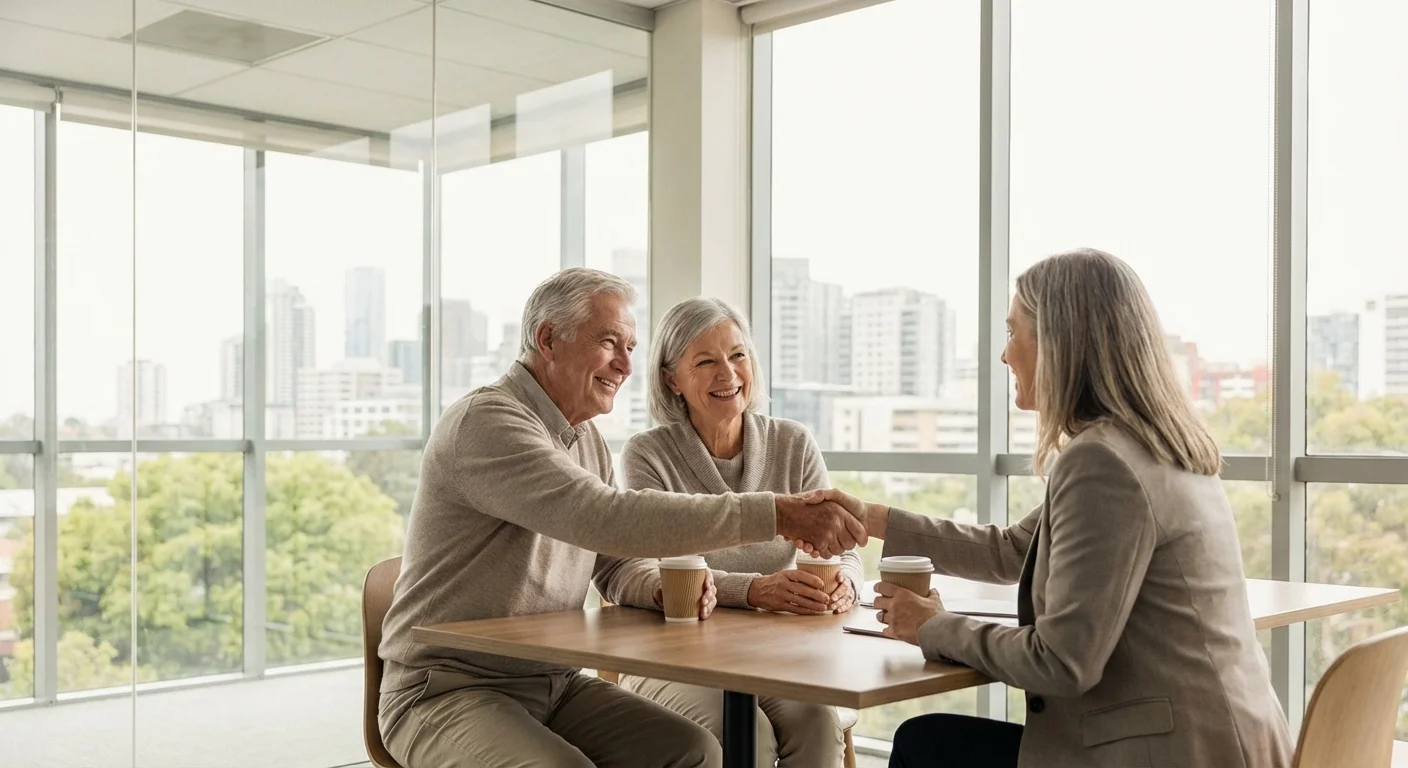 A senior couple shaking hands with a financial advisor in a bright, professional office setting.