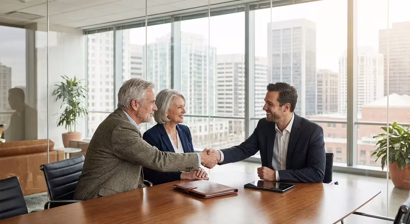 A senior couple shaking hands with a professional advisor in a bright office.