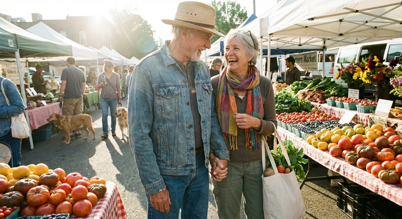 A senior couple shopping at a sunny local farmers market.