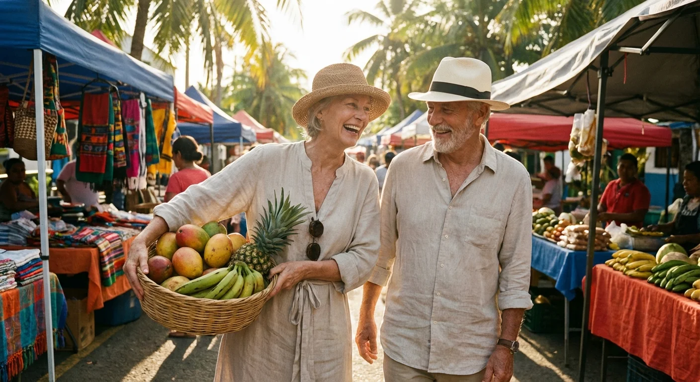 A senior couple shopping for fresh produce at a bright, tropical outdoor market.