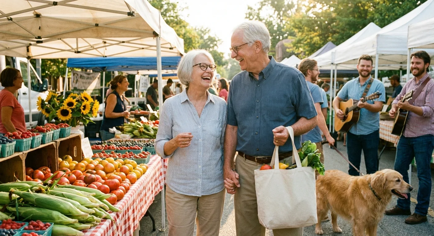 A senior couple shopping for fresh vegetables at an outdoor market.