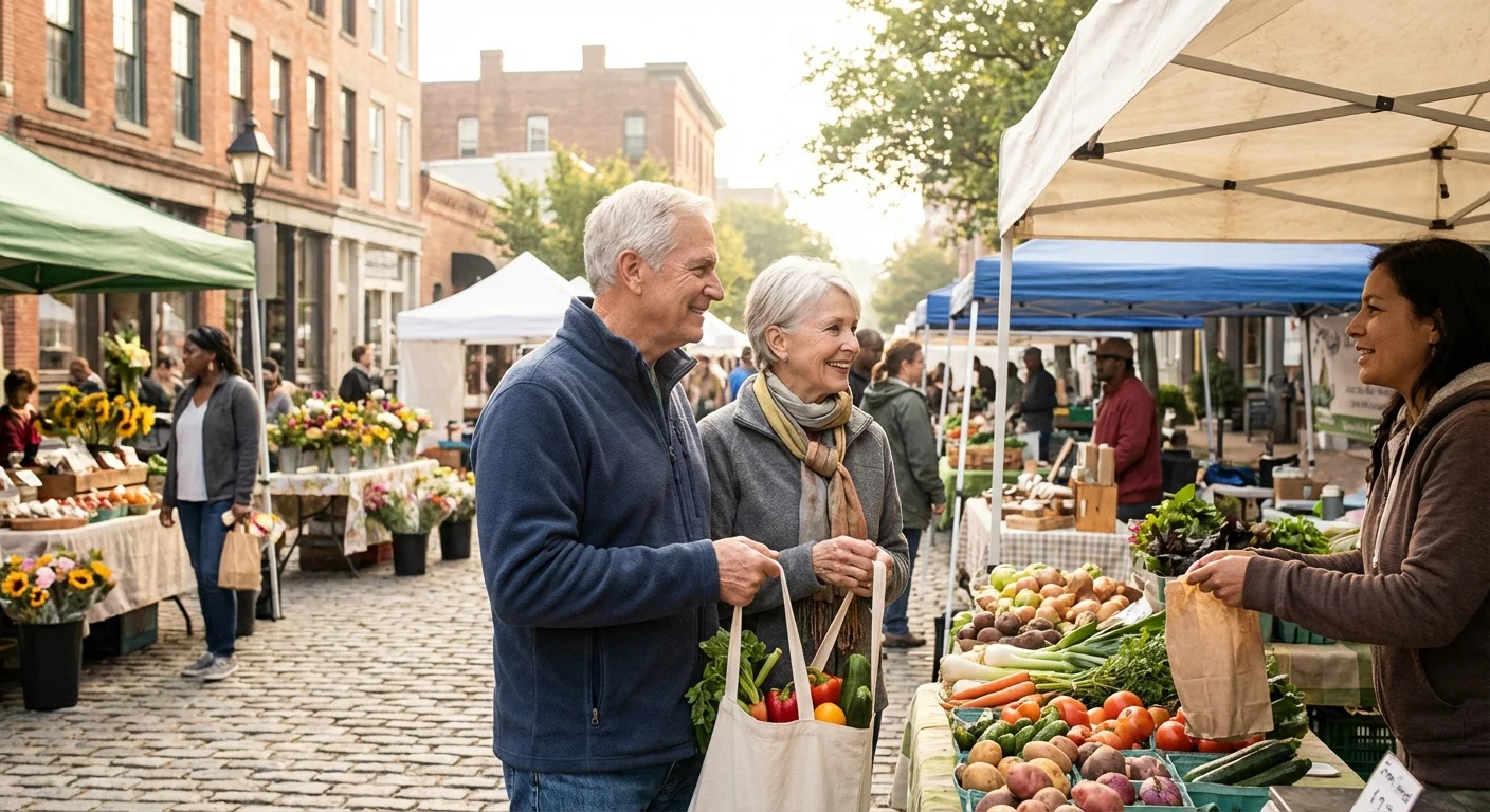 A senior couple shops at a sunny, walkable neighborhood farmers market.